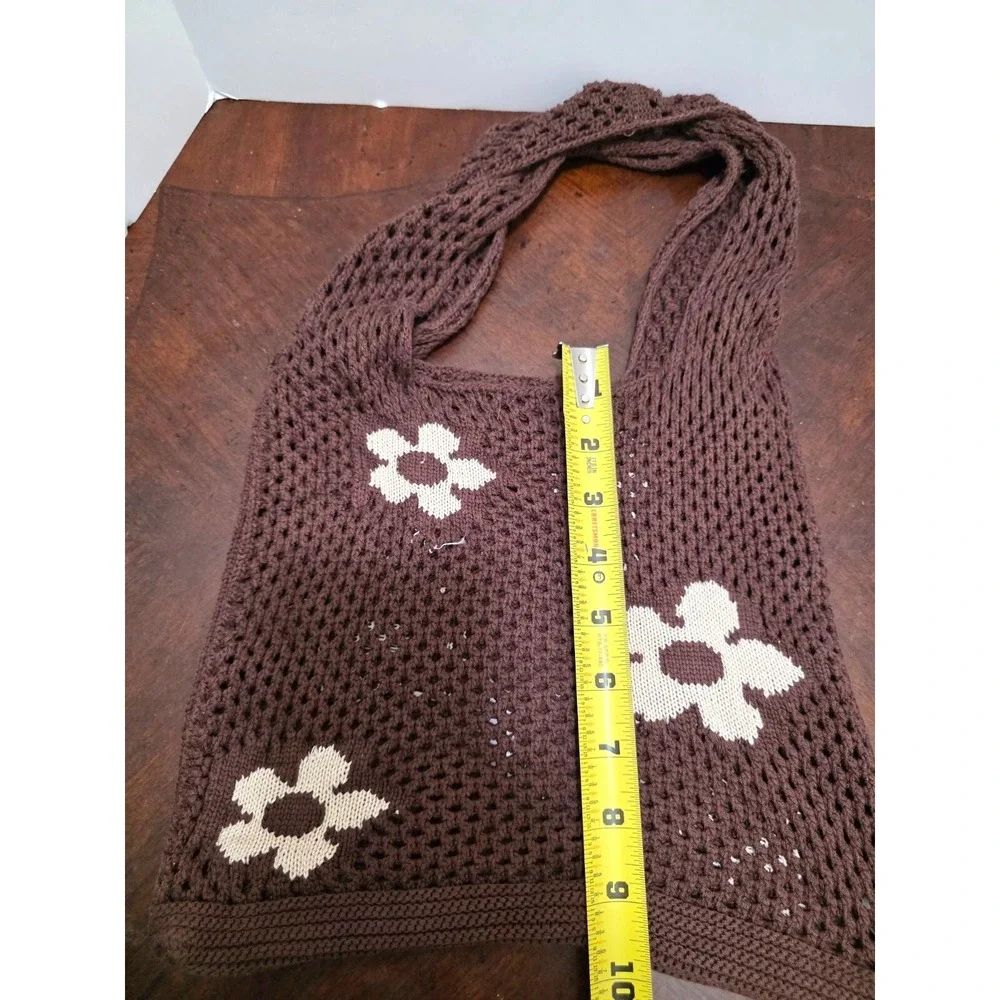 Urban Outfitters Crochet Brown Mesh Shoulder Bag Cream Floral Pattern Size M - Picture 6 of 9